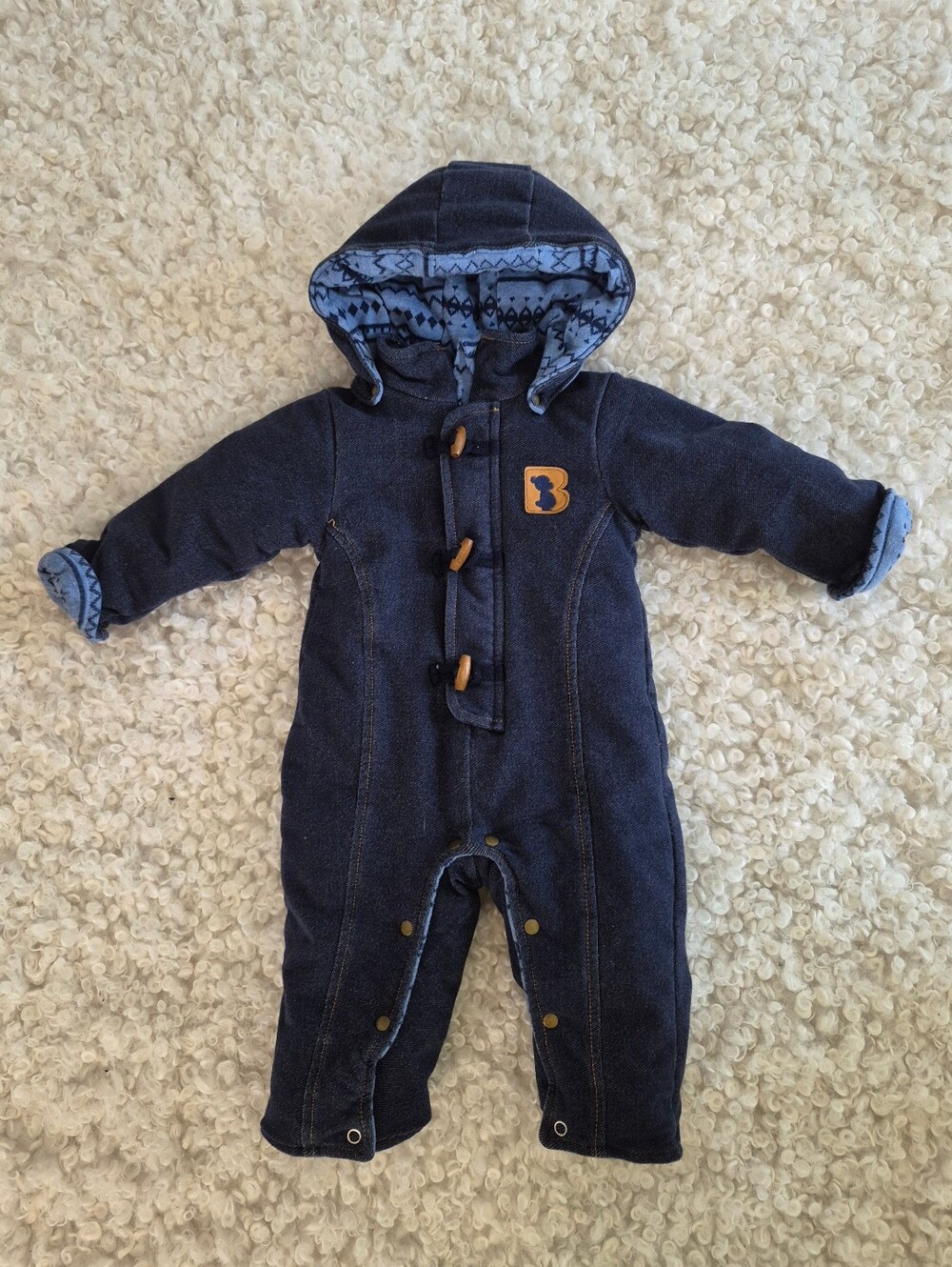 BOLO Baby Blue Denim One Piece Hooded Padded Pram Jacket Outerwear Jumpsuit 9 M